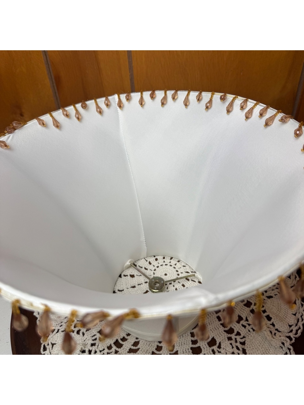Vintage Ivory Bell Lamp Shade Pink Beaded Fringe Cottage Victorian Decor - Picture 5 of 9